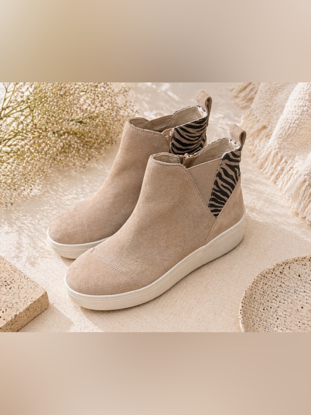 Toms Beige Suede Ankle Zip Booties with Zebra Heel Accent